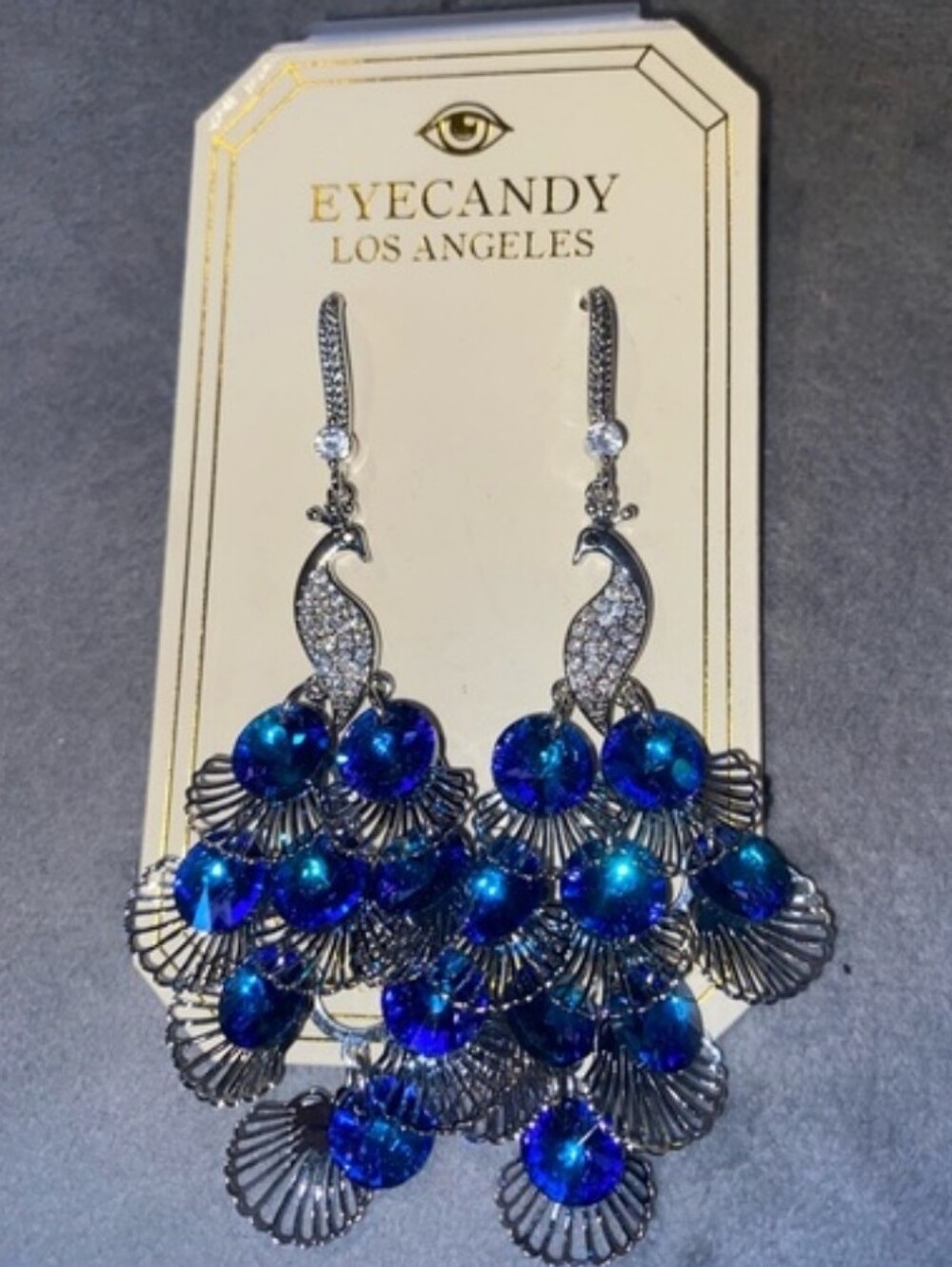 Eye Candy Blue Crystal Peacock Drop Earrings